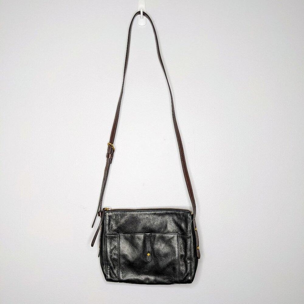 Fossil Black Gold Leather Zip Top Crossbody Bag - Picture 1 of 12
